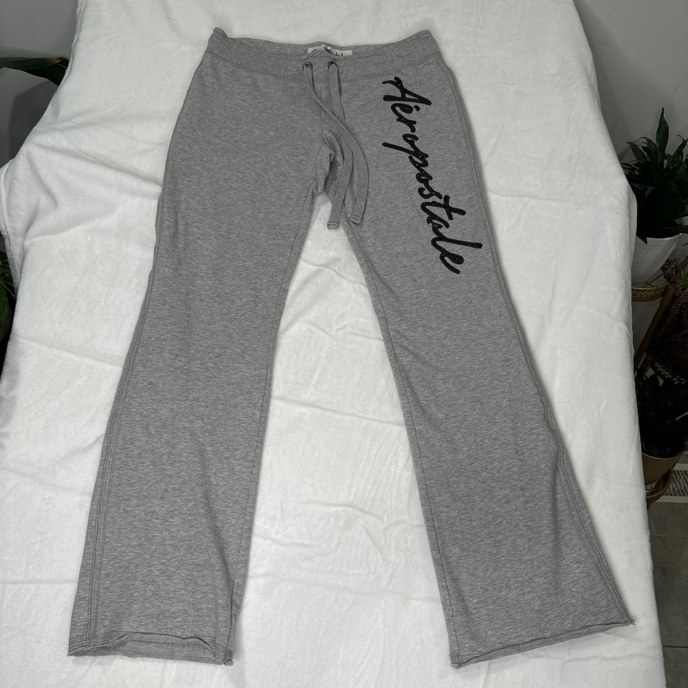 Vintage Y2K Aeropostale Gray Sequin Logo Flare Leggings Wide Leg Joggers Medium